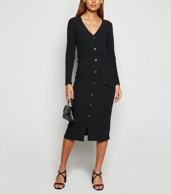 Black Ribbed Button Belted Midi Dress ...